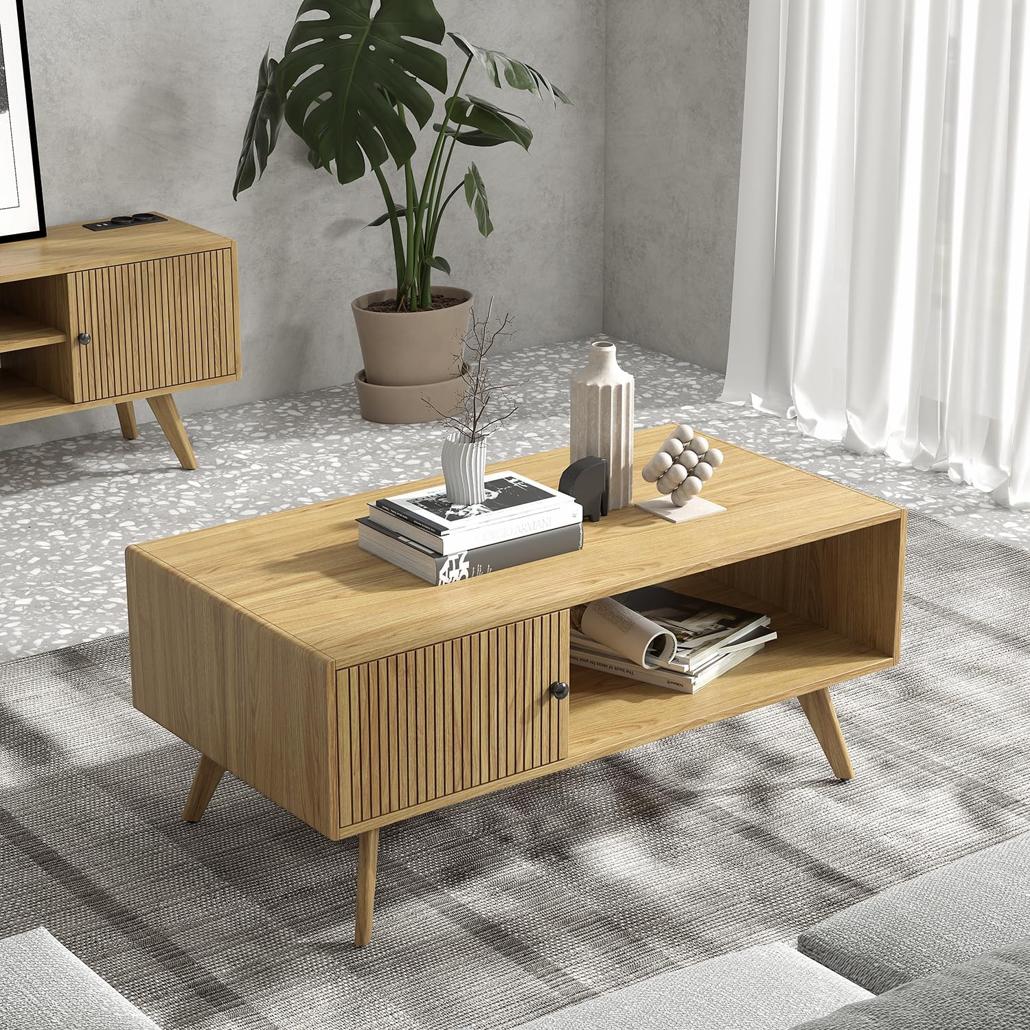 Manora Couchtisch Holz Eiche - Moderner Wohnzimmertisch Holz mit Stauraum, 105x55x45cm, Stabiler E1-Platte & Massiv Holzfüßen, Landhausstil Couchtisch für Wohnzimmer
