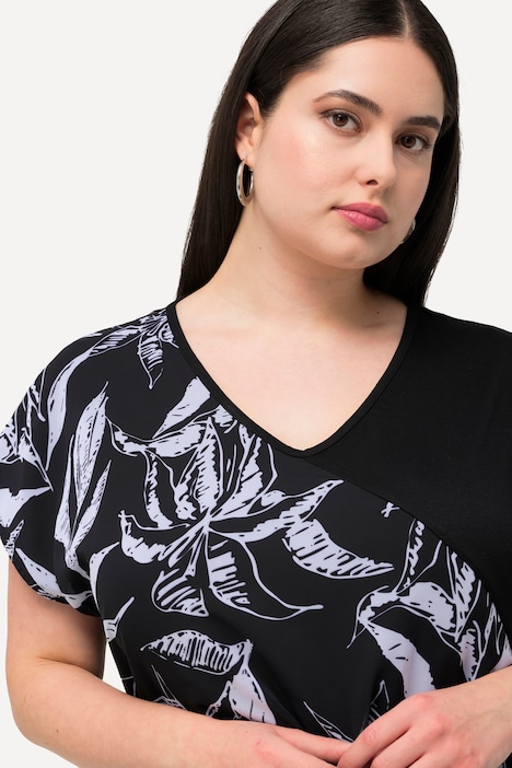 Jerseykleid, Oversized, Blätter, V-Ausschnitt, Halbarm