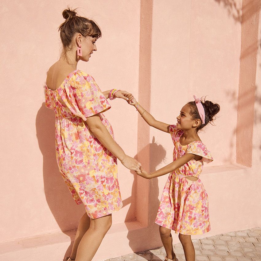 Robe manches courtes en seersucker imprimé floral pour fille - Multicolore