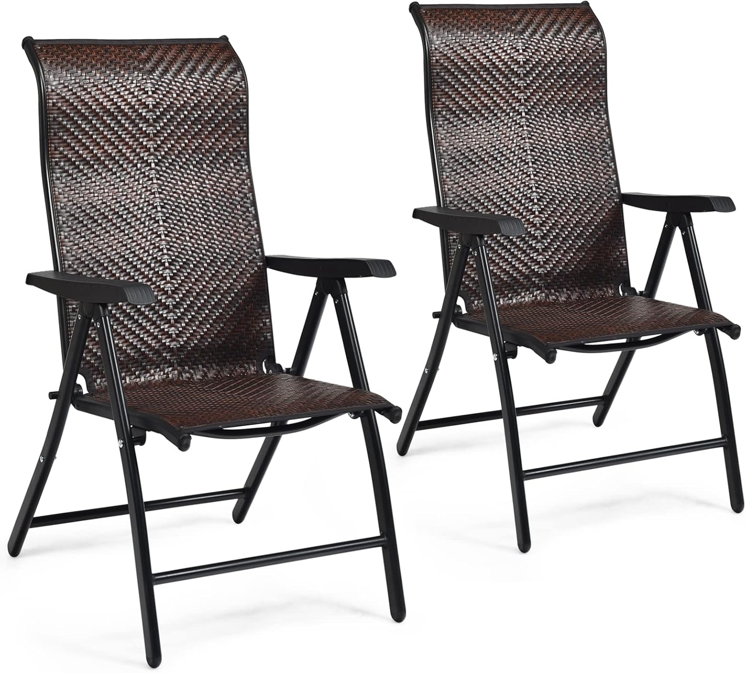 COSTWAY 2er Set Gartenstühle Polyrattan, Klappstühle mit 5-Fach Verstellbarer Rückenlehne, Hochlehner Balkonstühle, wetterfeste klappbare Terrassenstühle für Garten, Balkon, Terrasse
