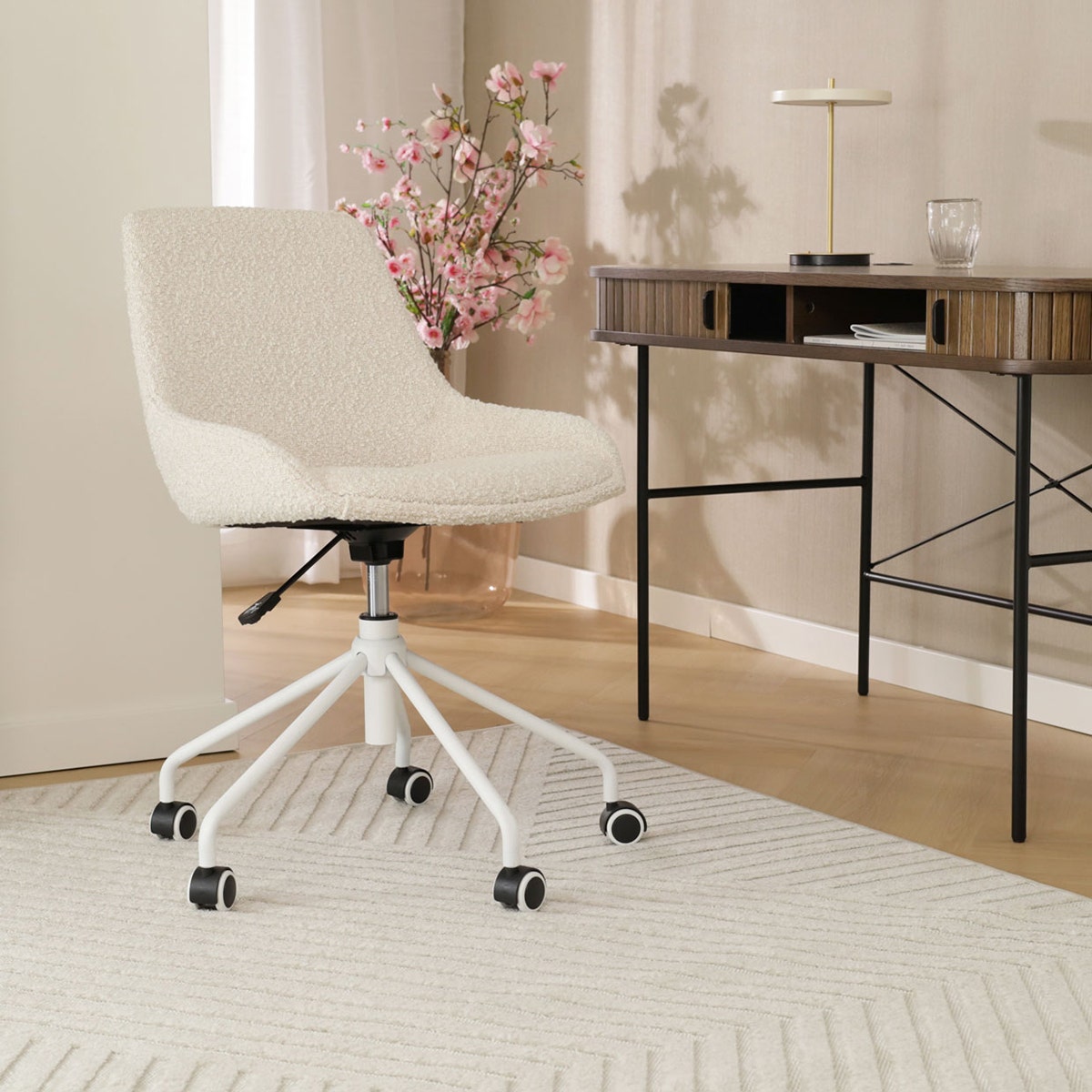 Nolon Nout-Isa Bureaustoel Bouclé Beige - Stof - Wit Onderstel
