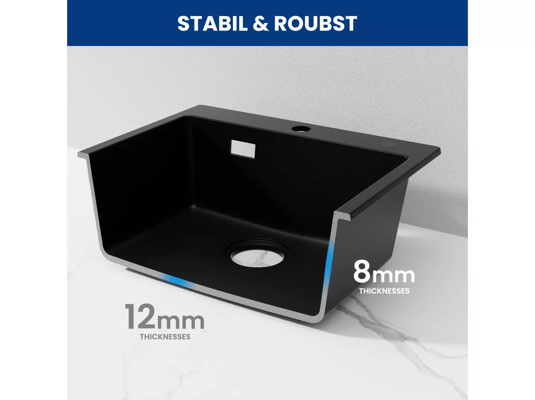 Cecipa max Evier Quartz Noir 50x45cm Evier 1 Bac en Quartz Evier de Cuisine en Granit + Robinet Cuisine Rabattable Mitigeur de Evier Repliable Brossé
