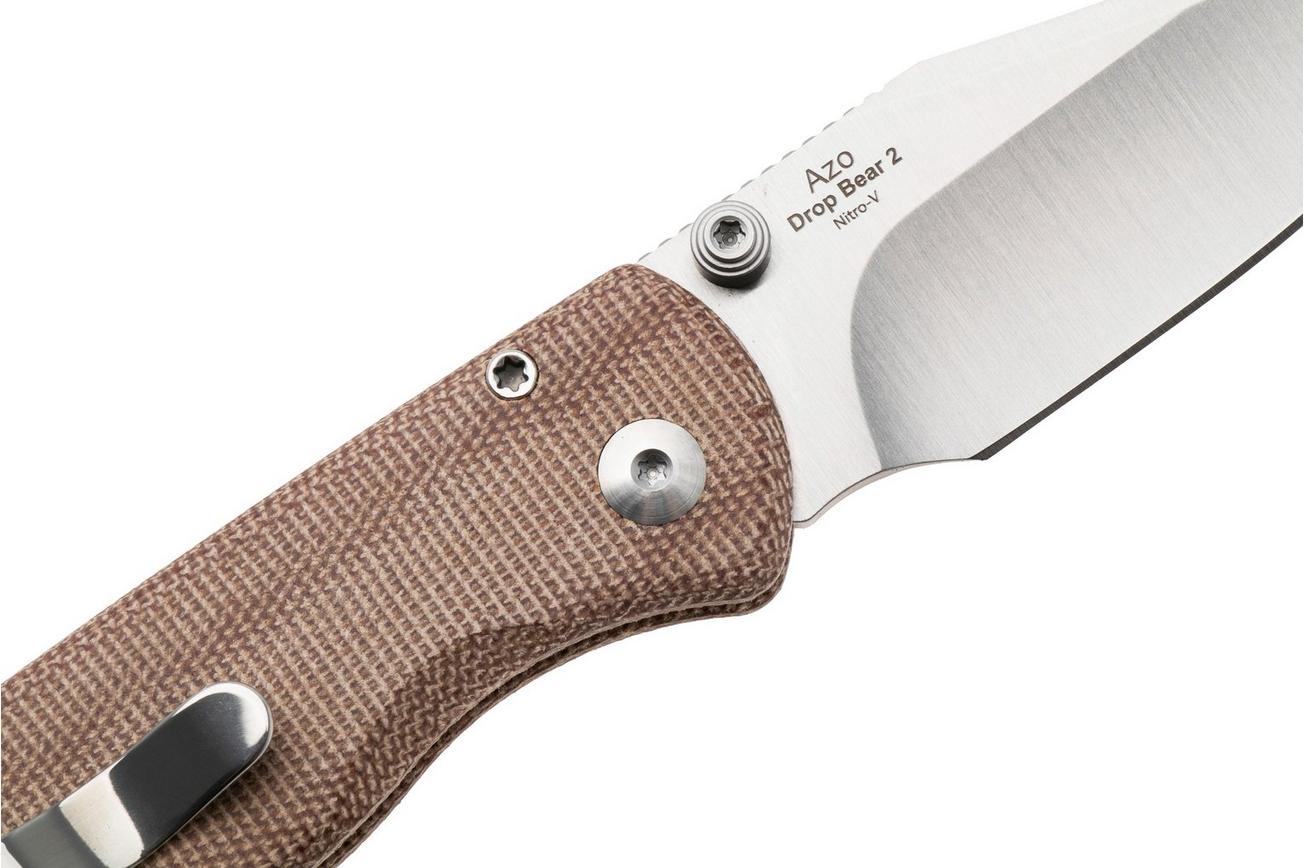 Kizer Vanguard Drop Bear 2, V3619-2CC1 Satin Nitro-V, Brown Micarta, zakmes, Azo design