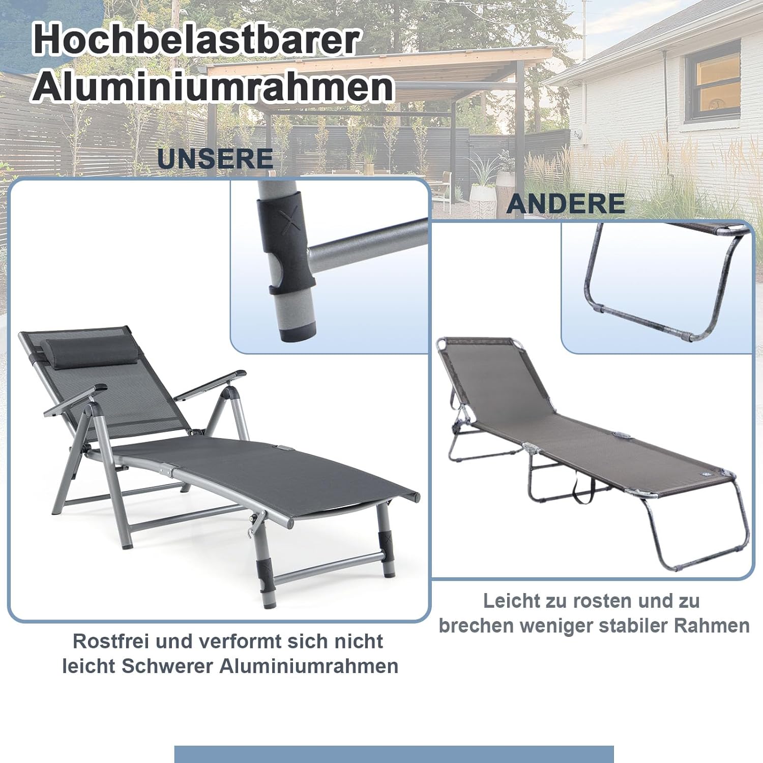 GOPLUS Sonnenliege klappbar, 180cm Gartenliege aus Aluminium bis 110kg Belastbar, Liegestuhl mit Verstellbarer Rückenlehne & Fußstütze, Relaxliege Garten mit Kissen für Outdoor Strand Balkon
