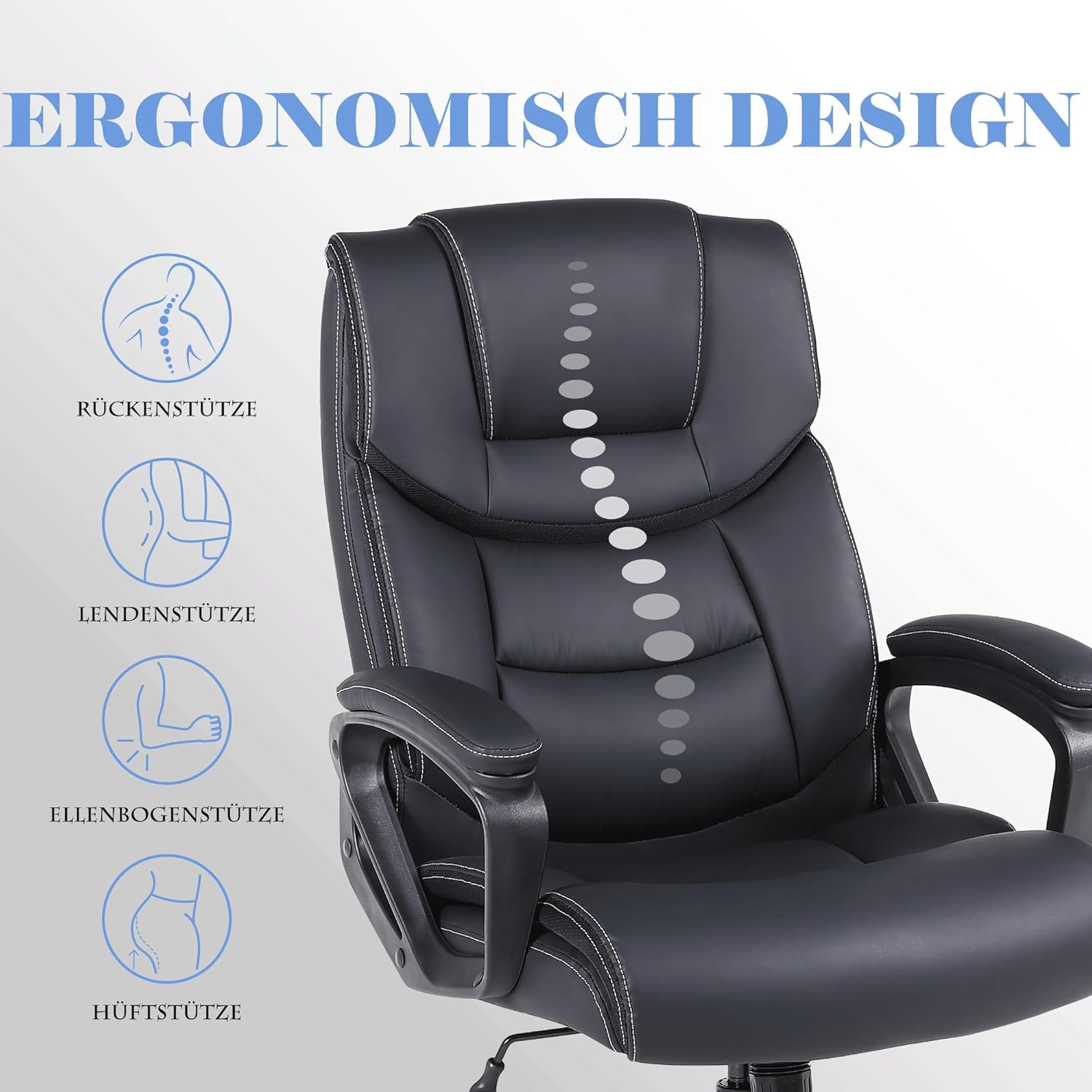 Bürostuhl Ergonomisch, Chefsessel Pu Leder, Schreibtischstuhl, Drehstuhl mit Wippfunktion, Höhenverstellbar, für Büro, Gaming, Schwarz