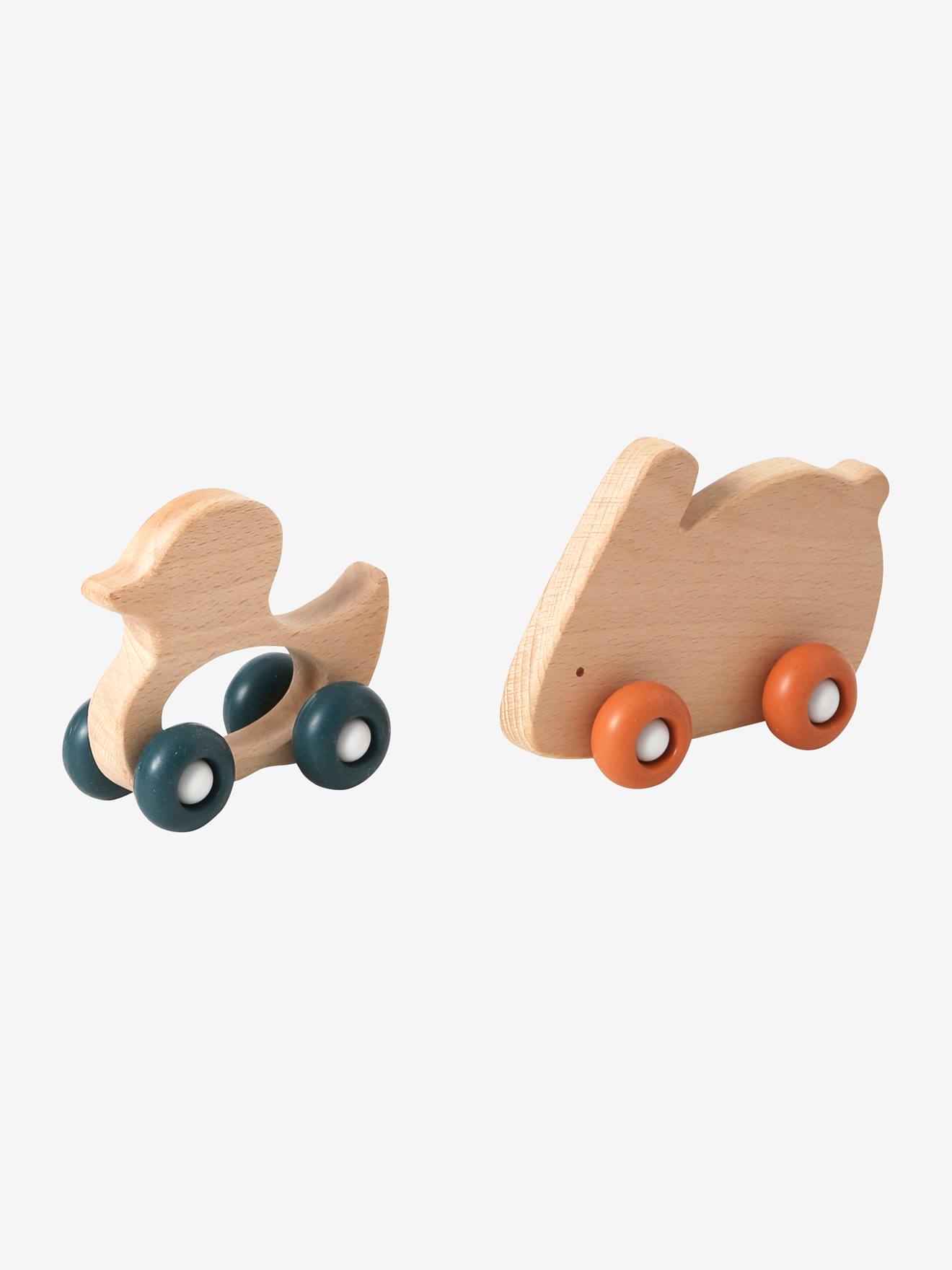Conjunto de 2 animais de madeira e silicone com rodinhas, cor laranja escuro lisa.