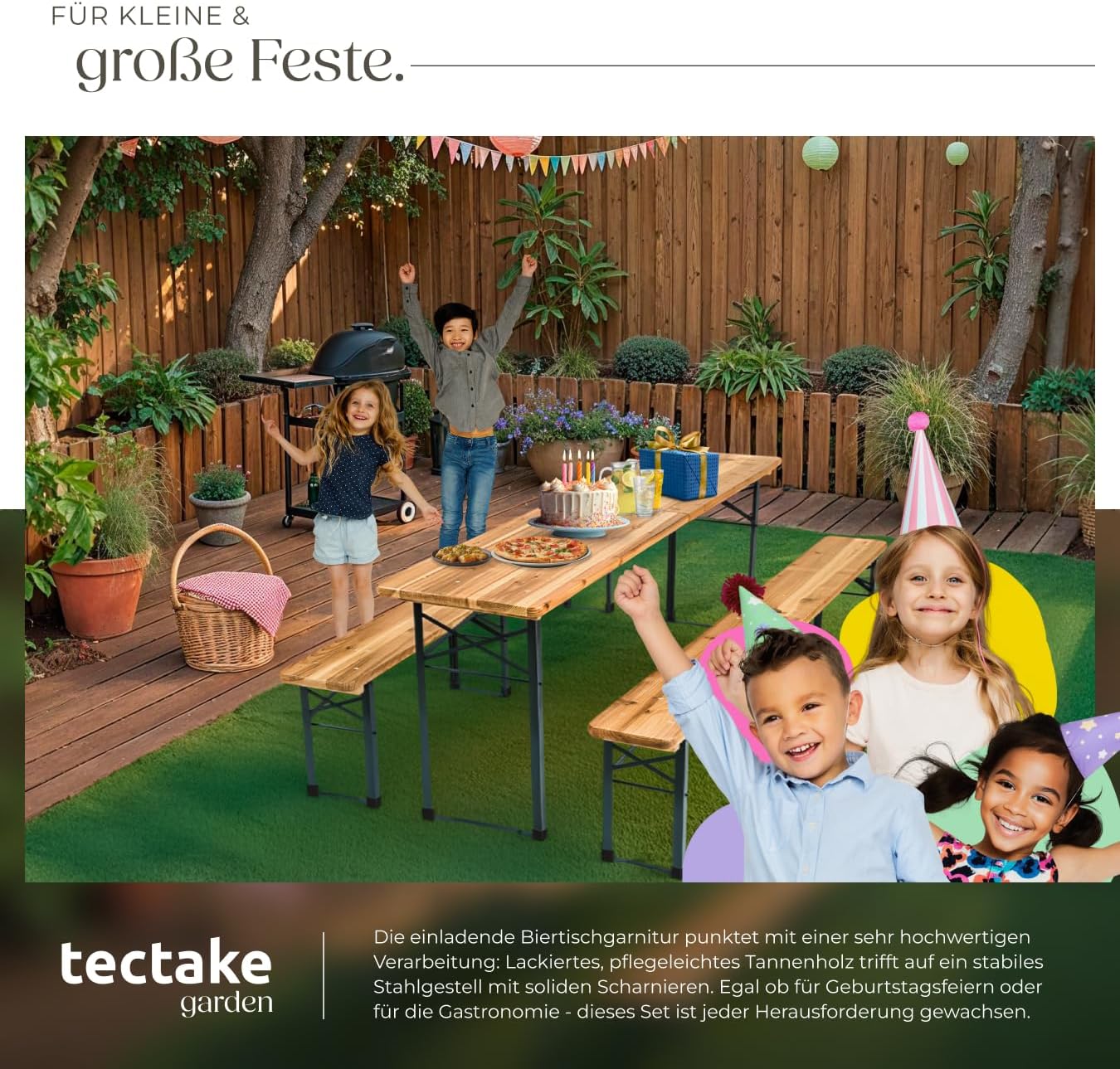 tectake® Bierzeltgarnitur, Festzeltgarnitur, Biertisch, Set 2X Bierbank 1x Tisch klappbar, als Gartenmöbel, Balkon Möbel oder zum Camping, platzsparend, wetterfest und robust