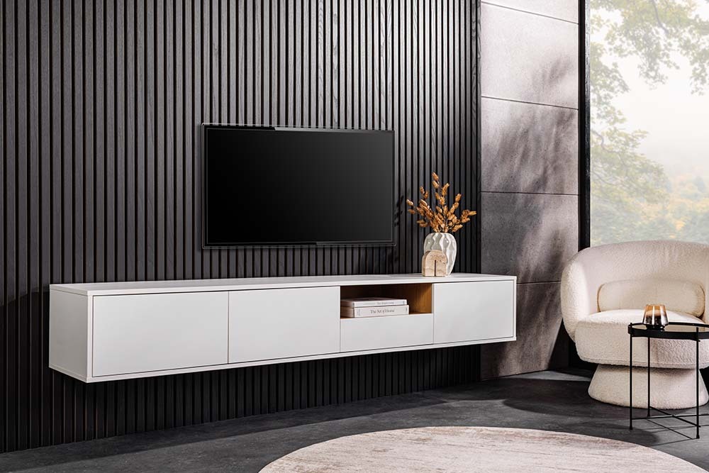 Hängendes TV-Board LOFT 200cm weiß natur sieben Fächer mit Schublade