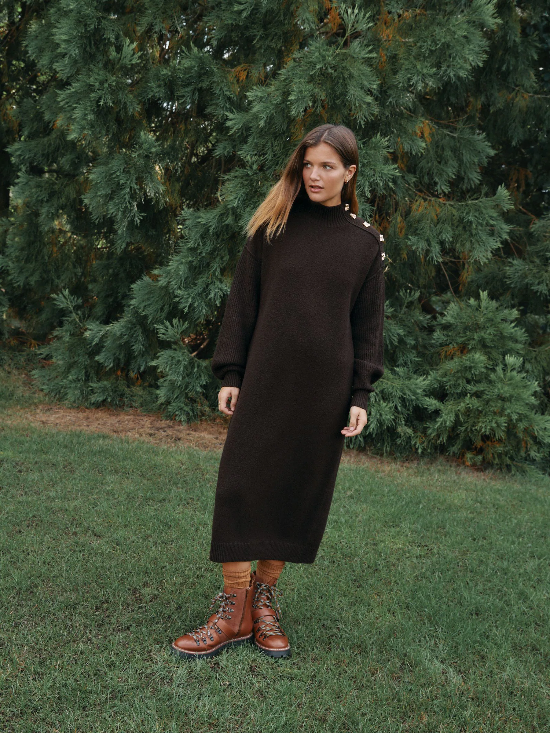 Chocoladebruin - Stand Neck Knitted Midi Jumper Dress