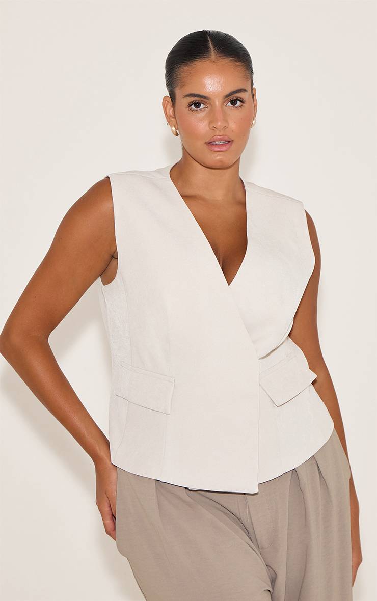 Ecru Gilet Sans Manches Écru À Détail Poches Et Décolleté Plongeant Grande Taille