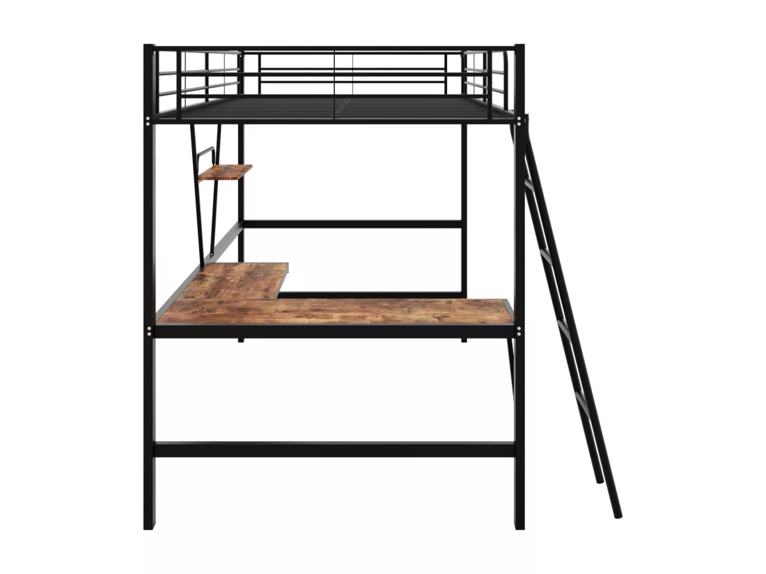 Lit mezzanine 90x200cm, cadre en métal, lit surélevé avec échelle, bureau en forme de L et 1 étagère pour enfants, adolescents, noir