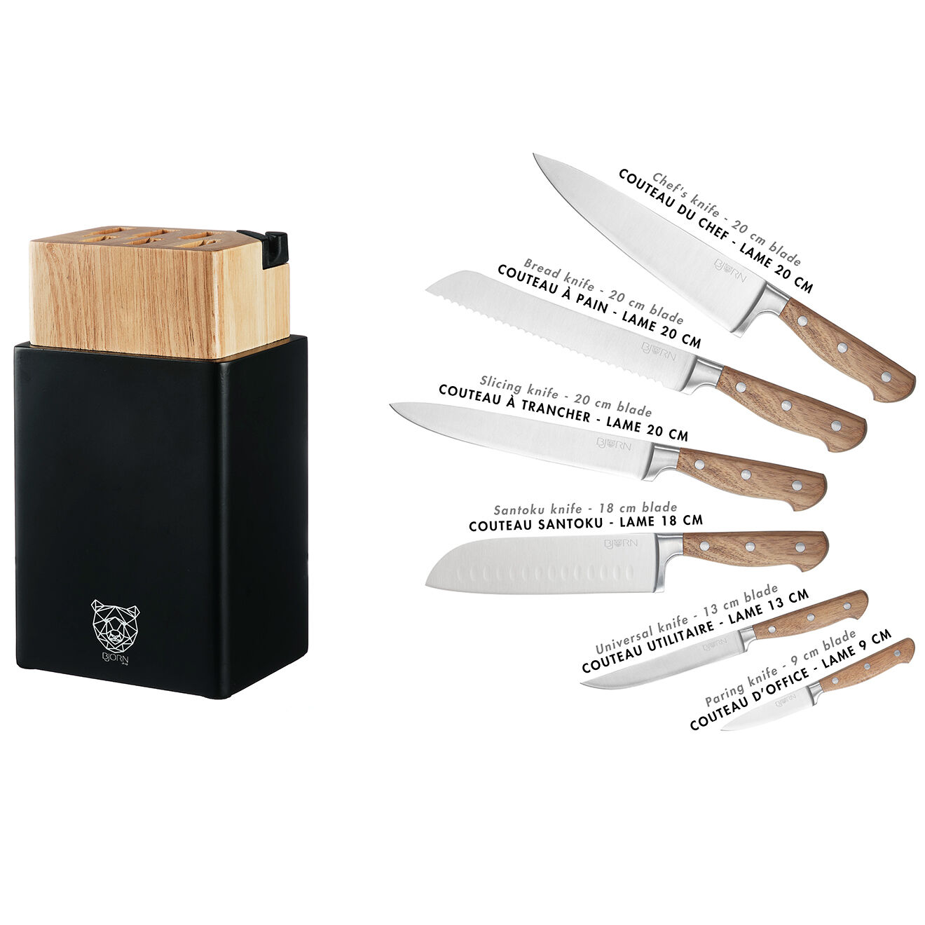 Bjorn Bloc avec couteaux de cuisine Jakob Porvoo bois mat - 8 pièces