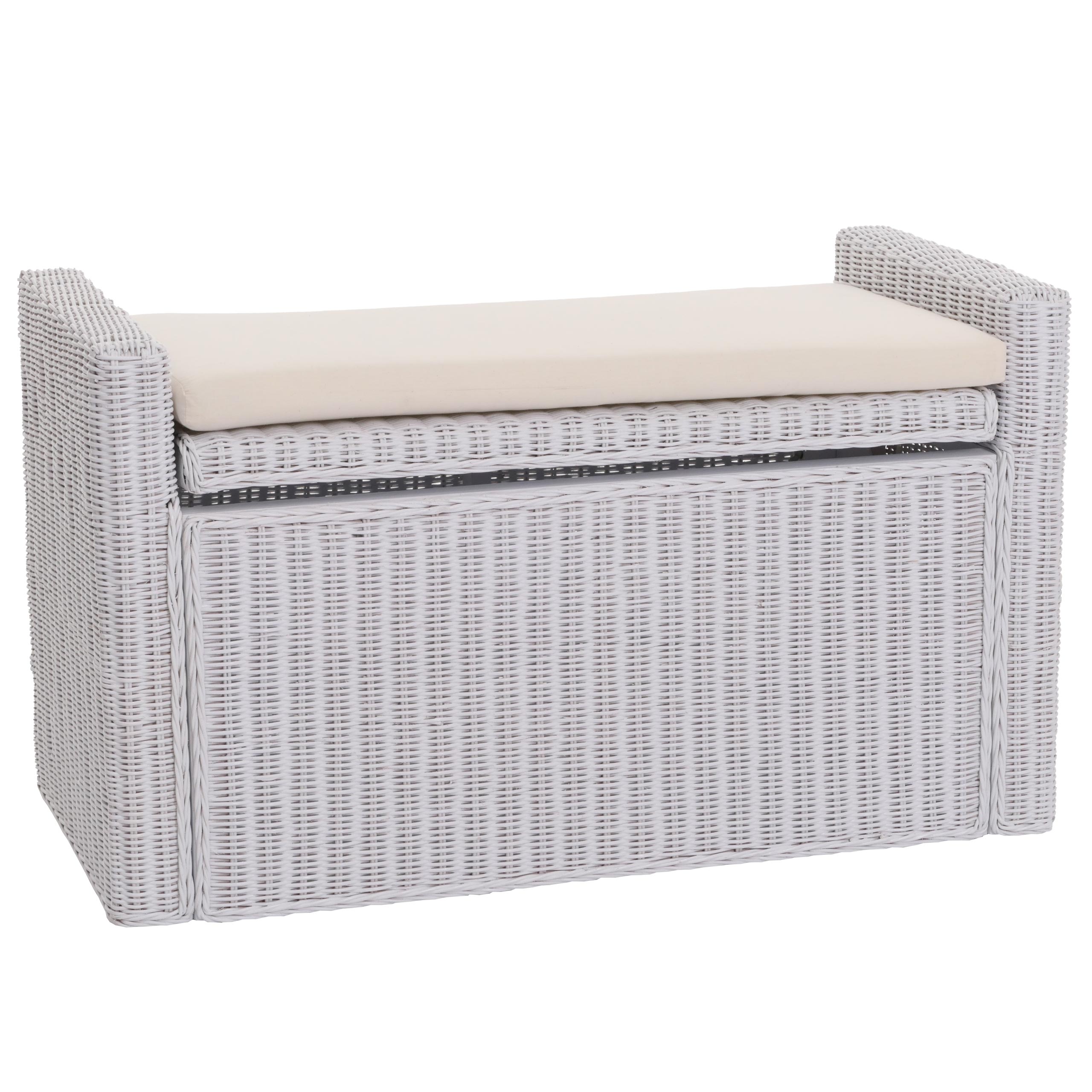 Aufbewahrungstruhe Genua, Truhe Sitzbank Garderobenbank, Kissen Kubu Rattan 88cm ~ weiß