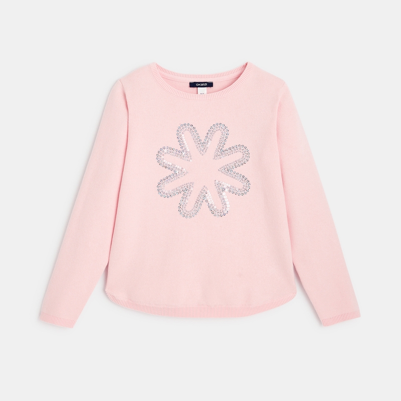 Pull fin à sequins brodés motif fleur rose fille