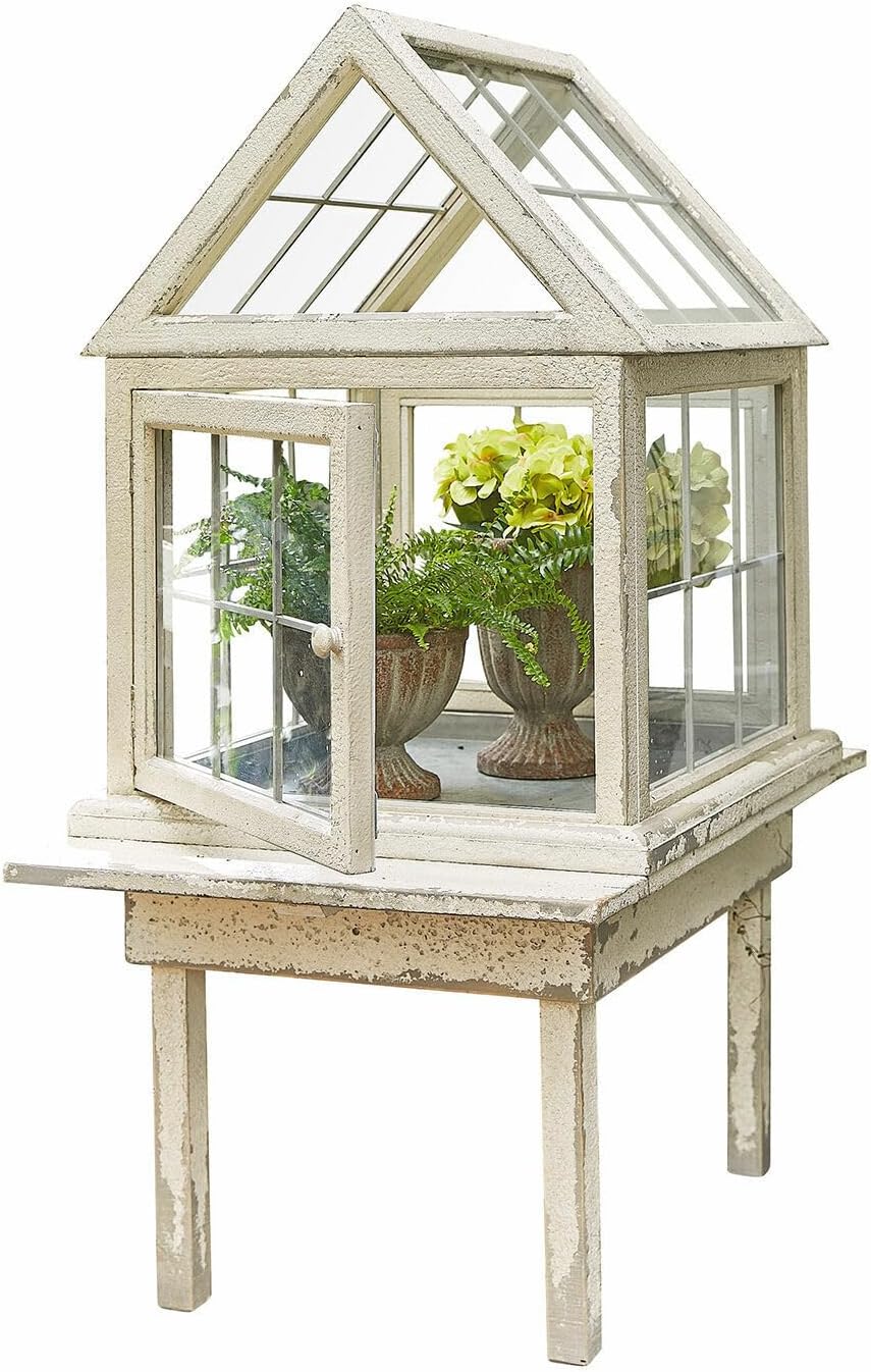 Loberon Gewächshaus Rebola, für die Zucht und den Schutz von Pflanzen, Vintage-Eleganz, Outdoor, Gartenzubehör, Kiefernholz, Eisen, Acrylglas, antikweiß