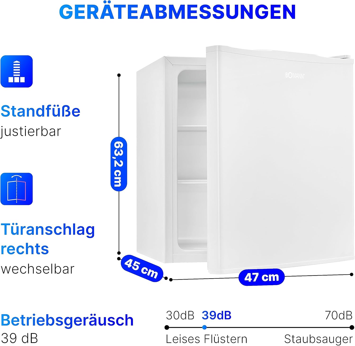 Bomann Mini Kühlschrank mit 58 Liter Nutzinhalt | Kühlschrank klein mit 2 herausnehmbaren Glasablagen | Mini Fridge mit stufenloser Temperaturregelung u. wechselbarem Türanschlag | KB 7347 weiß