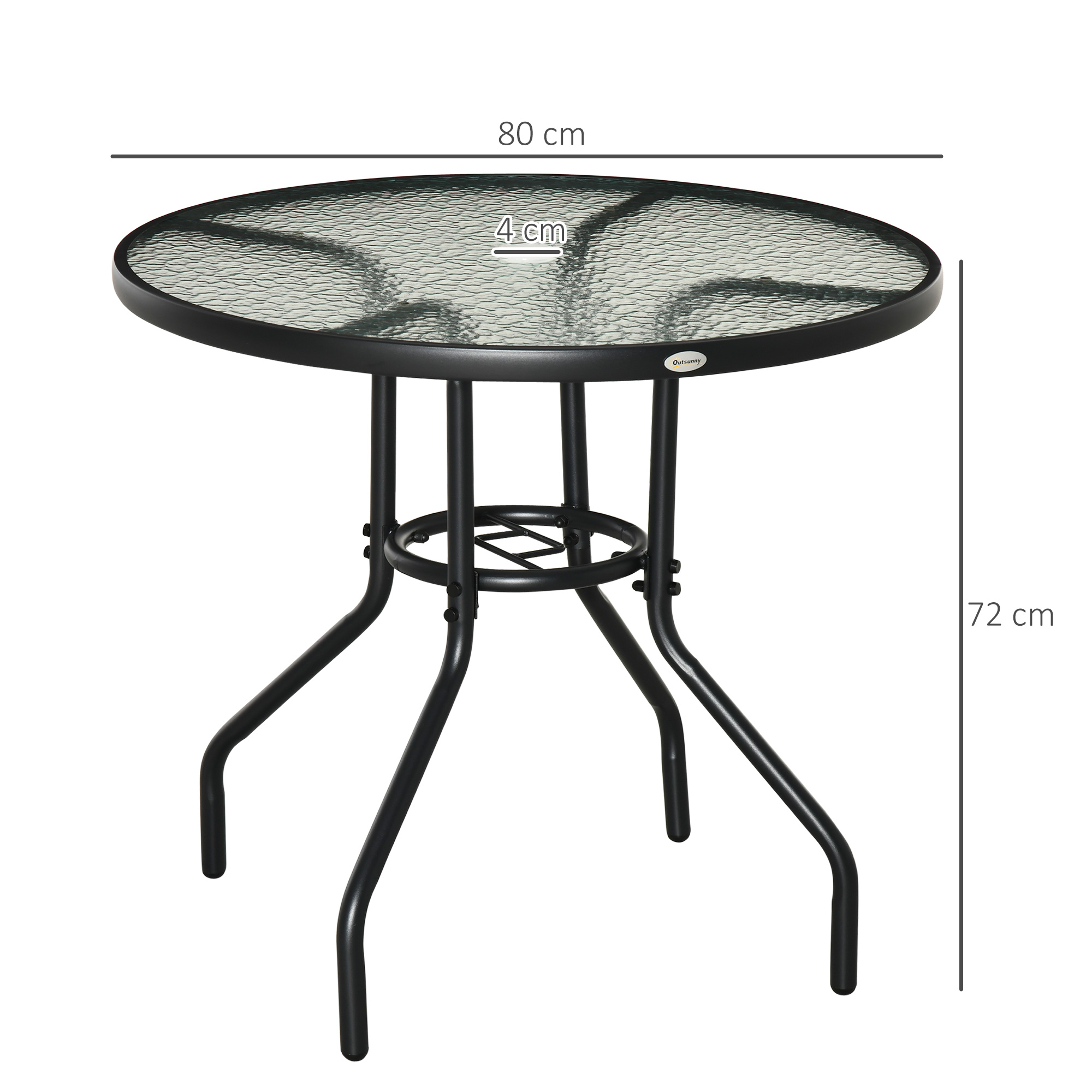 Mesa de jardim redonda Outsunny, mesa para exterior Ø80x72 cm com orifício para guarda-sol e tampo de vidro temperado para pátio e terraço, preta.