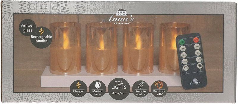 Anna's Collection - LED Theelichthouders - Oranje/Ambers - 4x Stuks - Inclusief Afstandsbediening en Oplaadstation