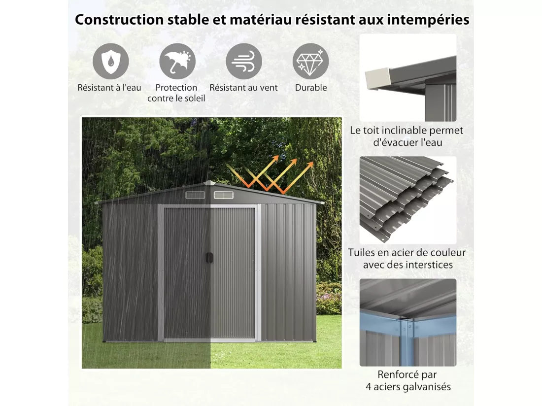 Abri de Jardin 4.7㎡en Acier Galvanisé Anti-UV, 260 x 207 x 181 CM, Cabane de Jardin Exterieur 9.7 m³ avec Fondation et Porte Coulissante, Rampe, 4 Trous d’Aération, 4 Gants Inclus, Gris