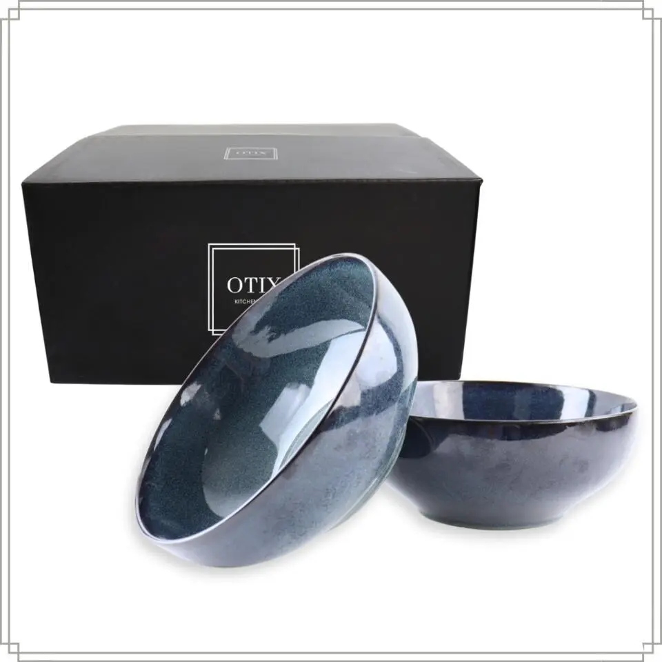 OTIX Saladeschaal 2 stuks Diep Serveerbord Schaal Blauw 25cm Aardewerk EBONY