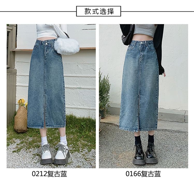 Denimot - Denim midi-kokerrok met hoge taille en split