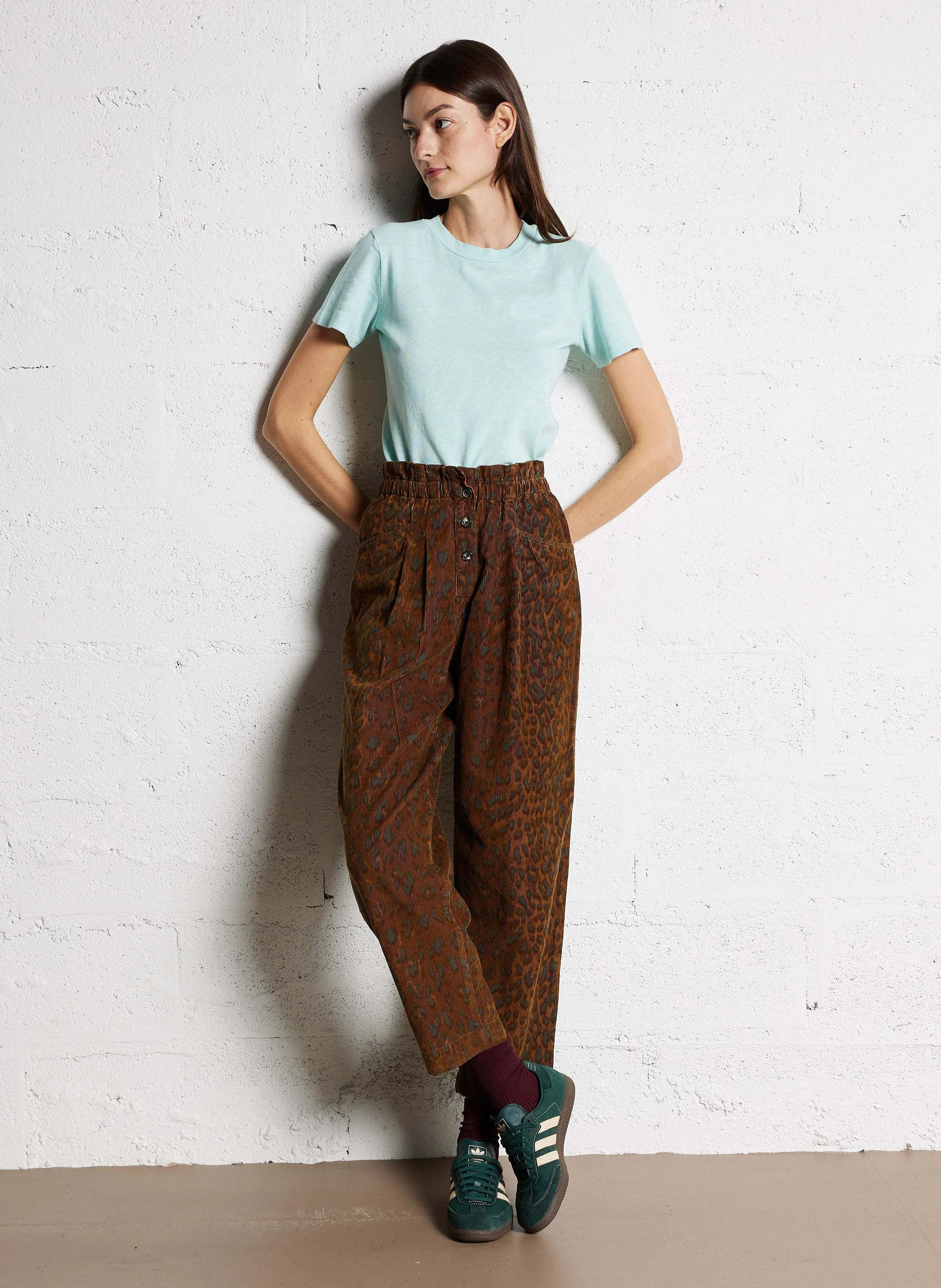 LILOW - Pantalon droit imprimé en velours côtelé| Bleu