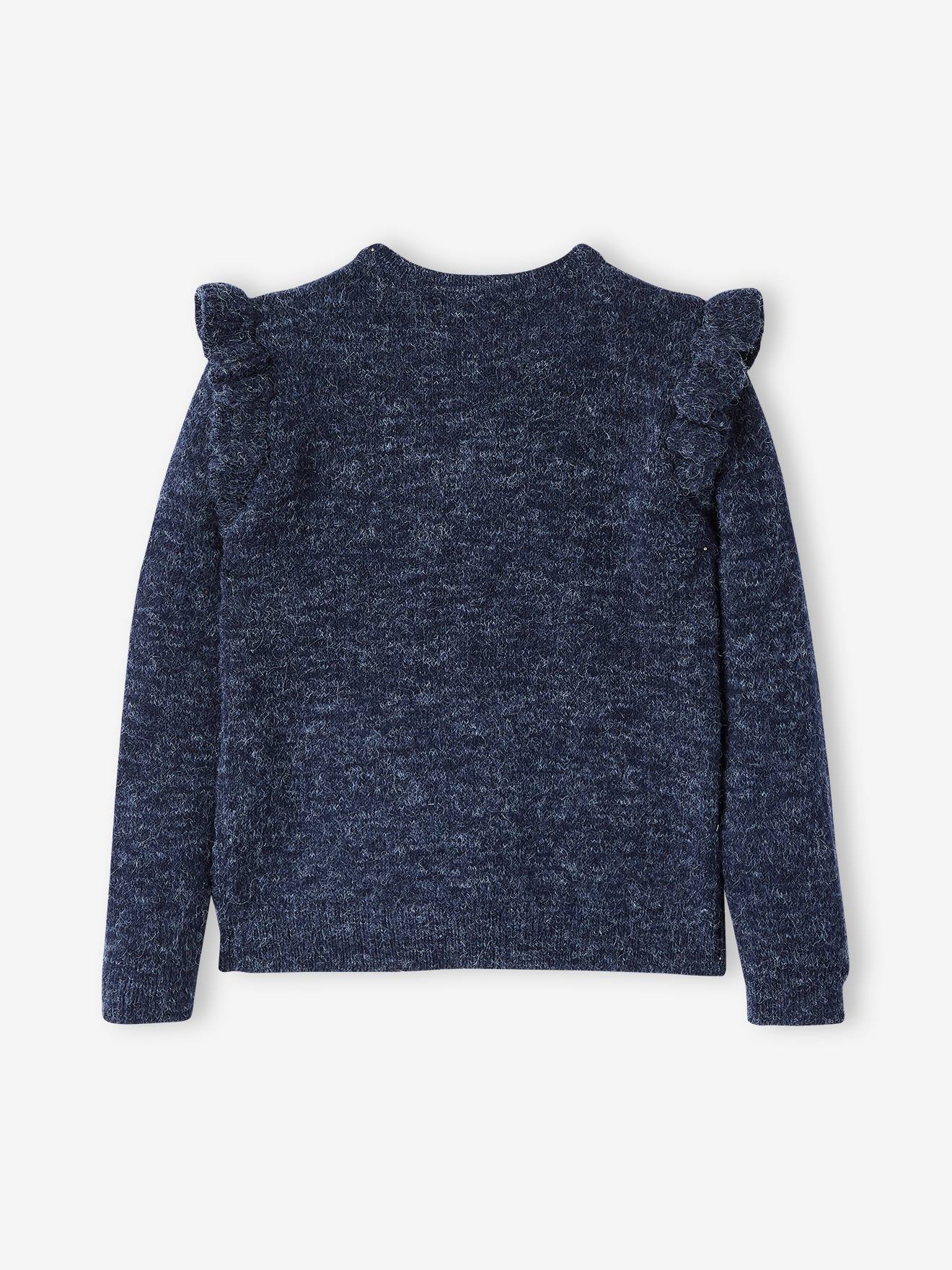 Casaquinho de tricô felpudo com babado, modelo liso azul escuro com estampa de menina.