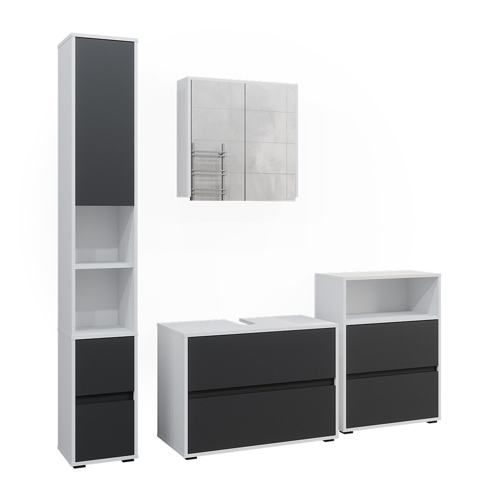 Badmöbel-Set Maltin Weiß Anthrazit modern Waschtischunterschrank Spiegelschrank Midischrank Hochschrank