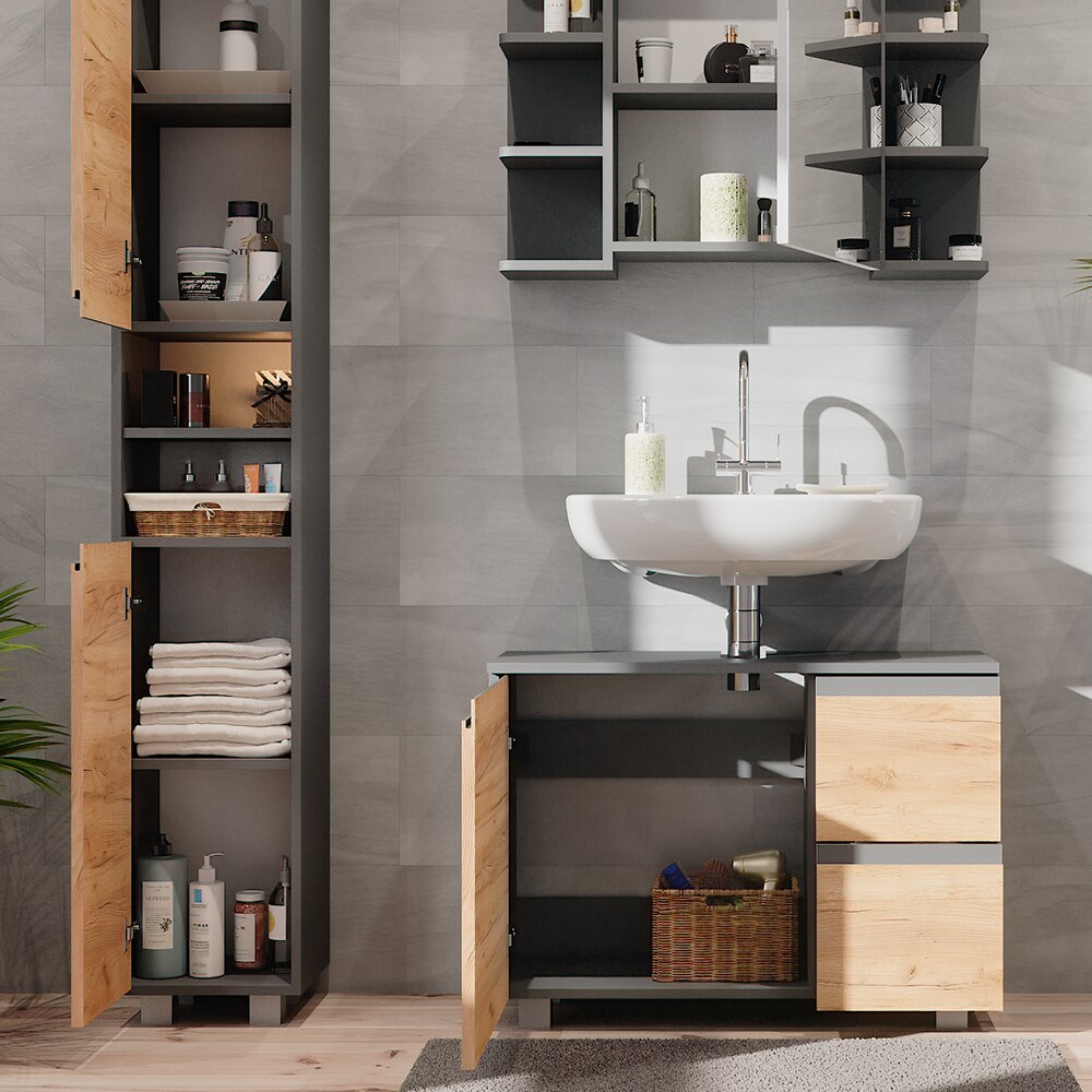 Vicco Badmöbelset J-shape Anthrazit Eiche modern Badezimmer Schrank Badschrank Waschtischunterschrank Spiegelschrank Hochschrank Schranktür Schrankschublade Schrankfach Ablage Aufbewahrung