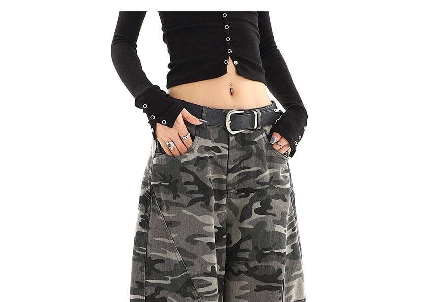 Elyou - Low Rise Camo Print Washed Wide Leg Cargo Pants