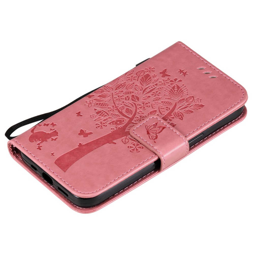 iPhone 14 Leder Tasche Flip Cover Baum Imprint - Rosa