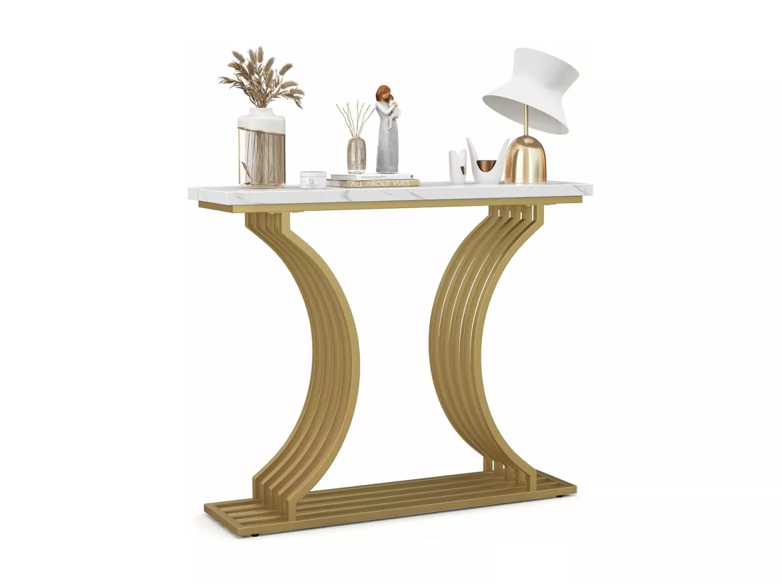 Table Console en Faux Marbre 100 cm, Console Entree Design Géométrique Moderne, Cadre en Métal Doré, Kit Anti-Basculement Inclus, 100 x 29,5 x 80,5 cm