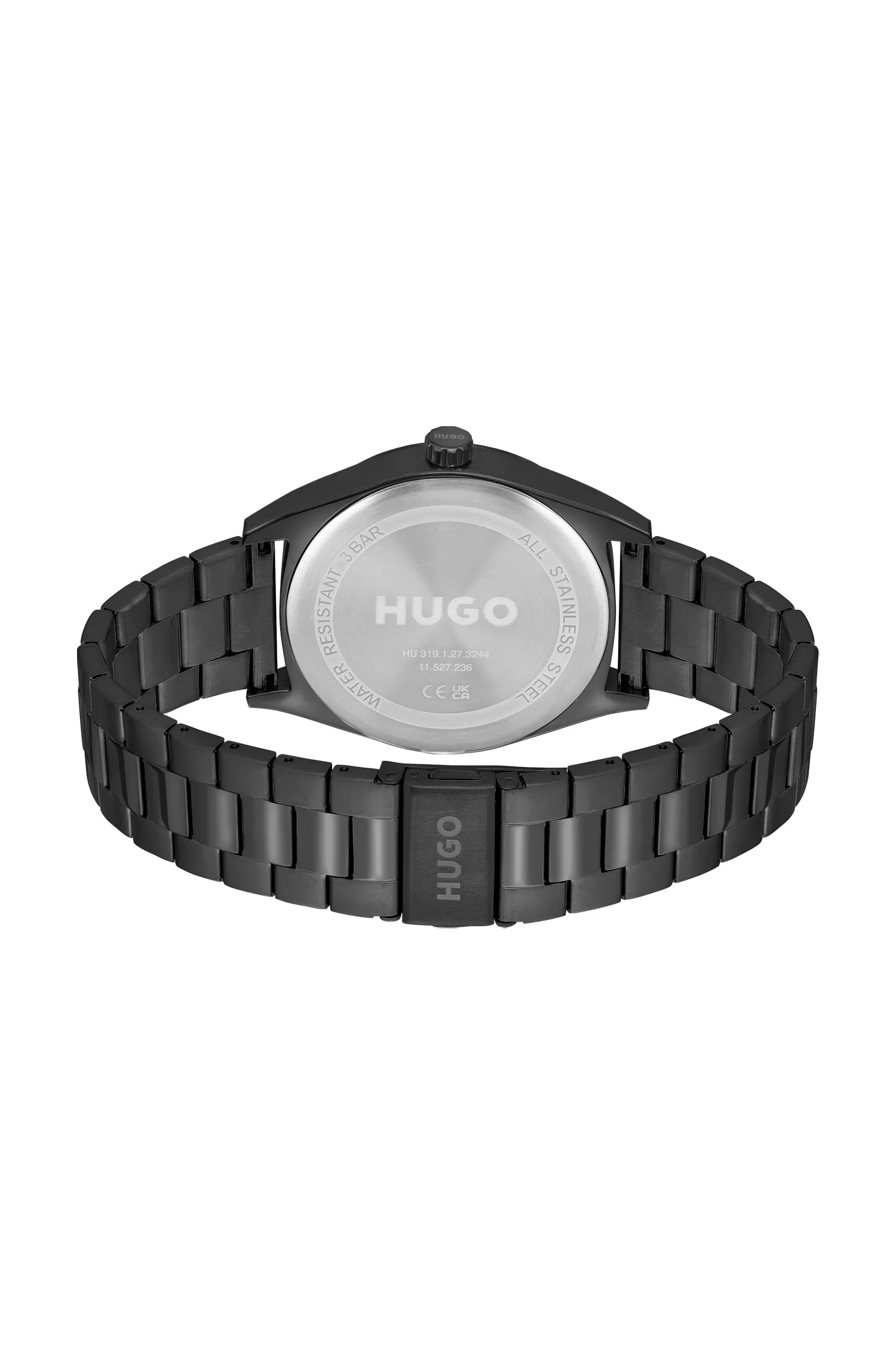 Relógio HUGO com revestimento em vermelho e preto e mostrador texturizado preto.