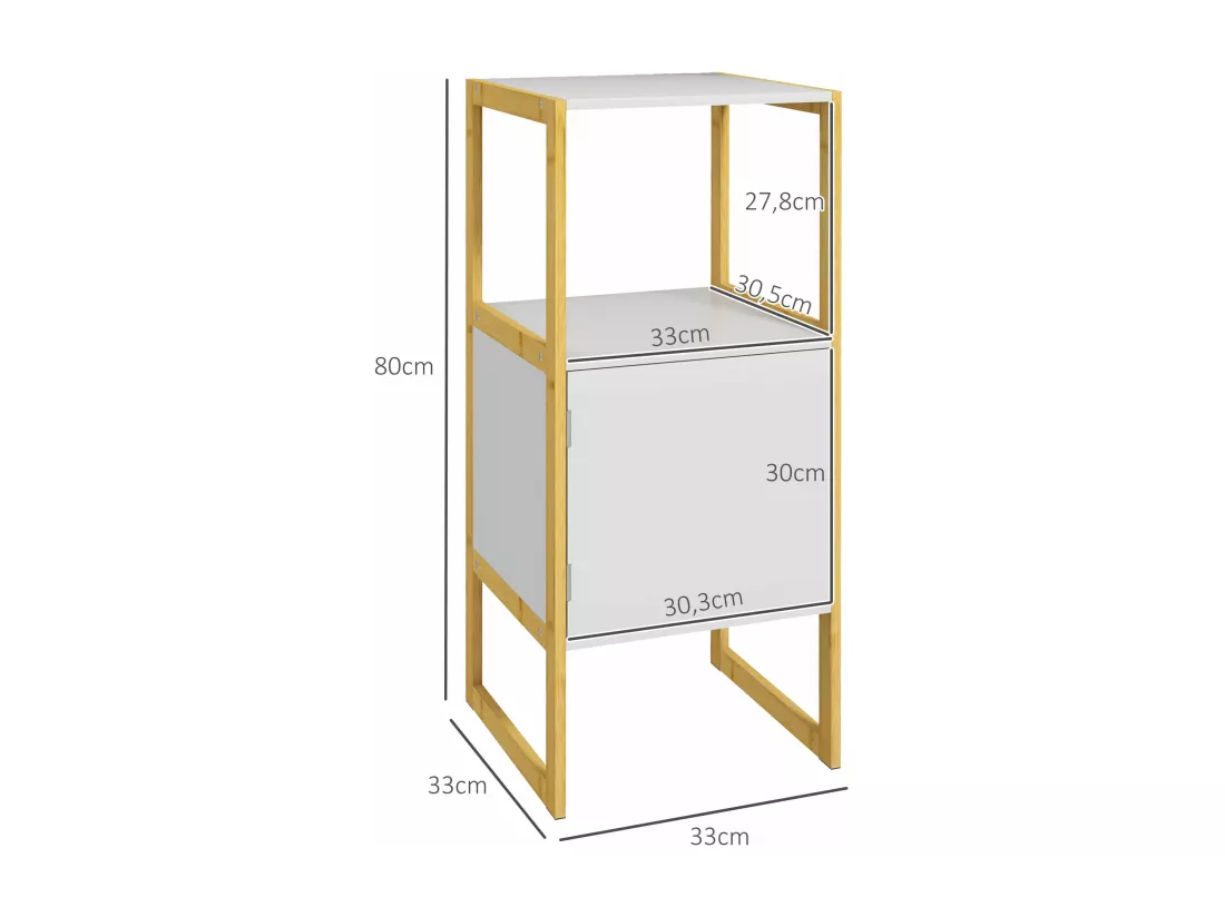 Meuble bas salle de bain - porte, étagère, plateau - châssis piètement bambou MDF blanc