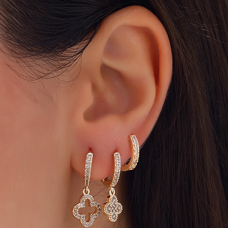 Trio boucles d'oreilles pendantes - Laiton plaqué or & zircon - Motif trèfles