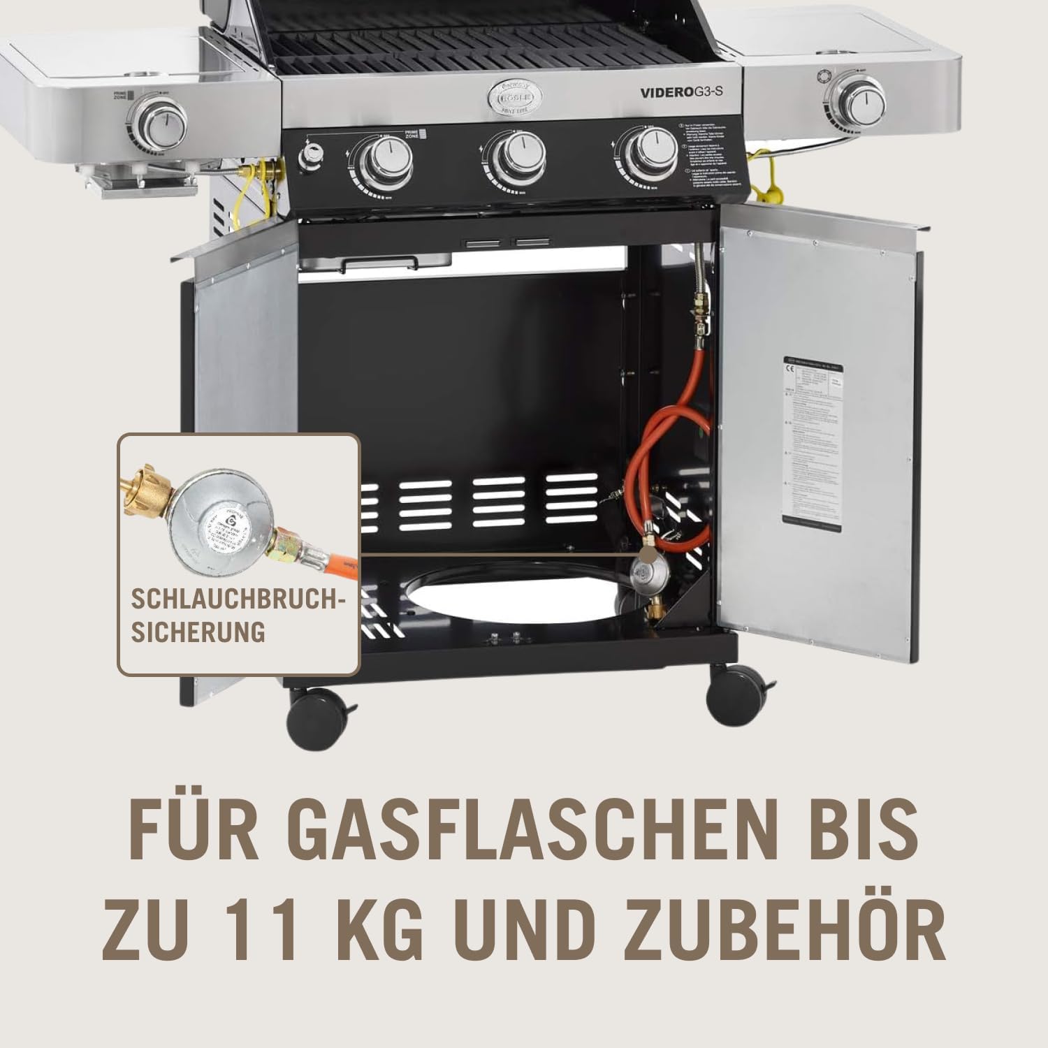 RÖSLE Gasgrill BBQ-Station VIDERO G3-S Schwarz, Grill mit 3 Edelstahlbrennern, extra Primezone und Seitenbrenner, klappbare Seitentische, VARIO+, pulverbeschichteter Stahl