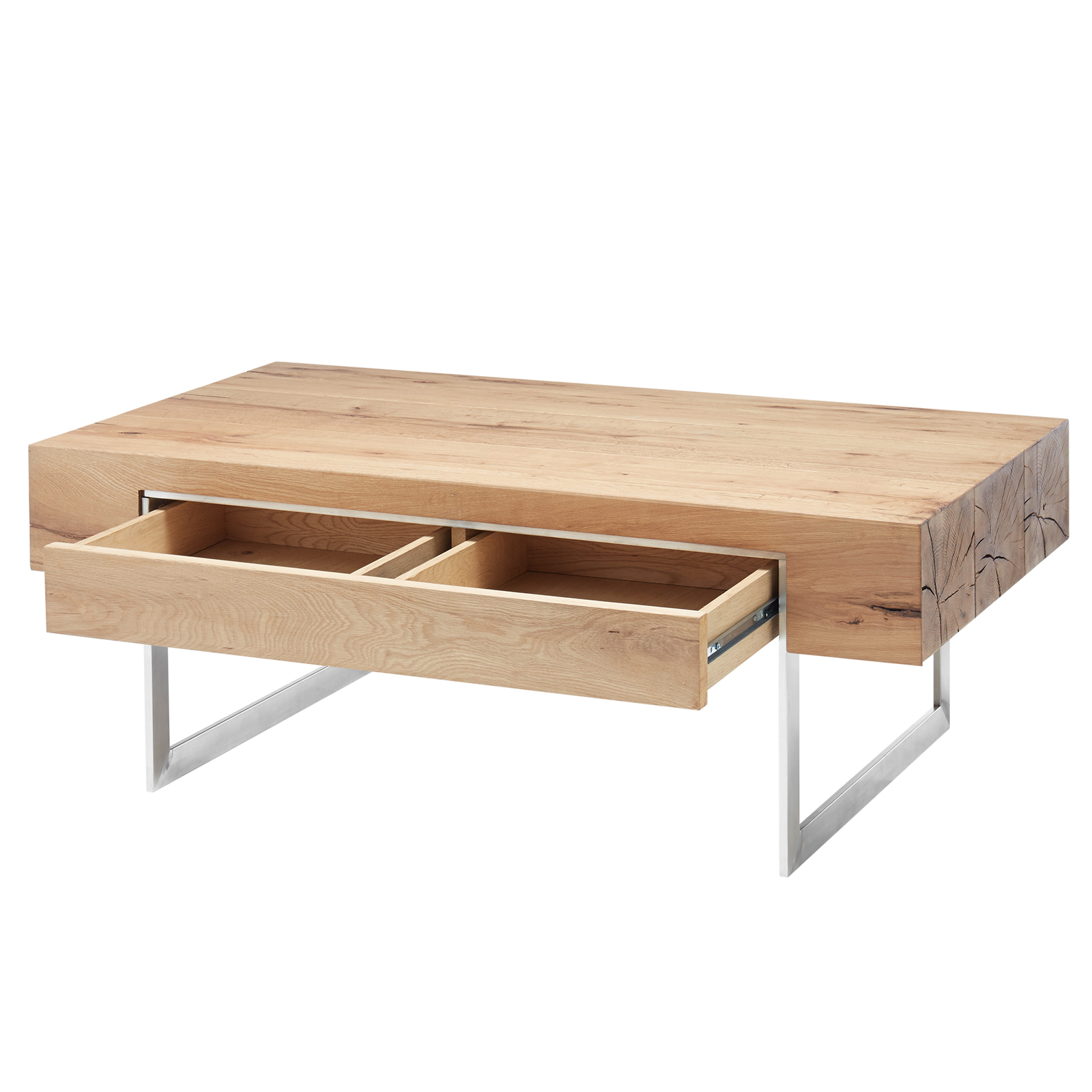Couchtisch - Eiche natur-Edelstahl - Massivholz - mit Schublade