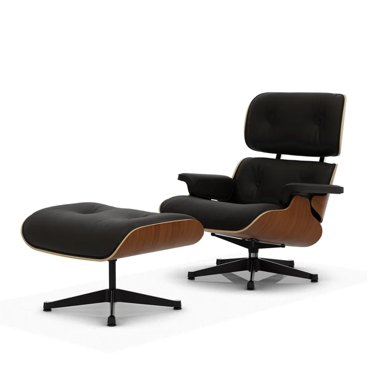 Vitra - Lounge Chair & Ottoman, schwarz / poliert, Nussbaum natur, Leder Premium F, nero (neue Masse)