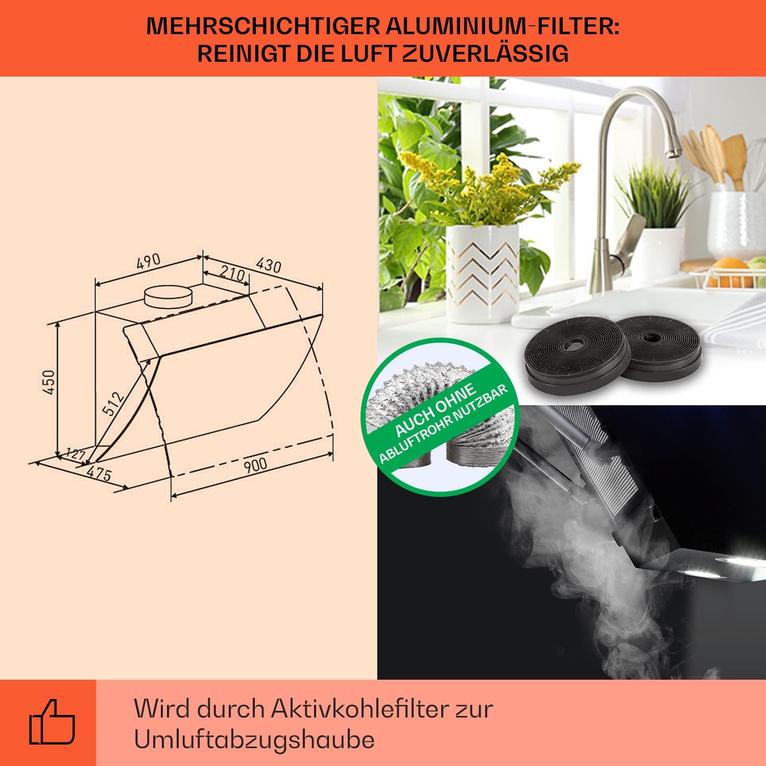 Klarstein Dunstabzugshaube Umluft/Abluft, Leise Abzugshaube, Edelstahl Wandhaube, Dunstabzugshaube mit Filter, Dunstabzugshaube 90cm, Umlufthaube mit LED-Licht, Dunstabzug Kopffrei 509 m³/h Luftstrom