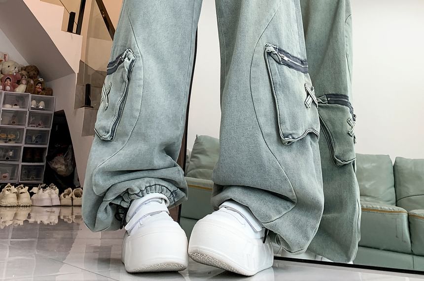 Porstina - Mid Rise Washed Wide Leg Cargo Jeans