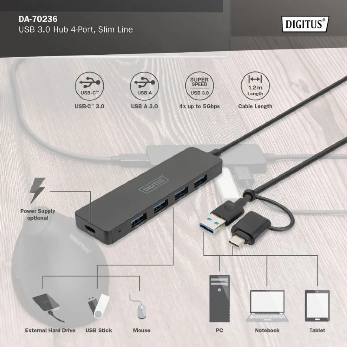 DIGITUS Slim Line 4 Port USB 3.0 Hub - Noir