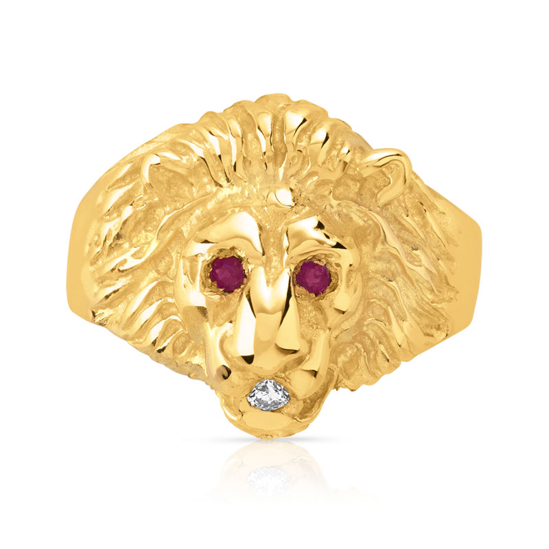Chevalière or 750 jaune tête de lion rubis et diamant