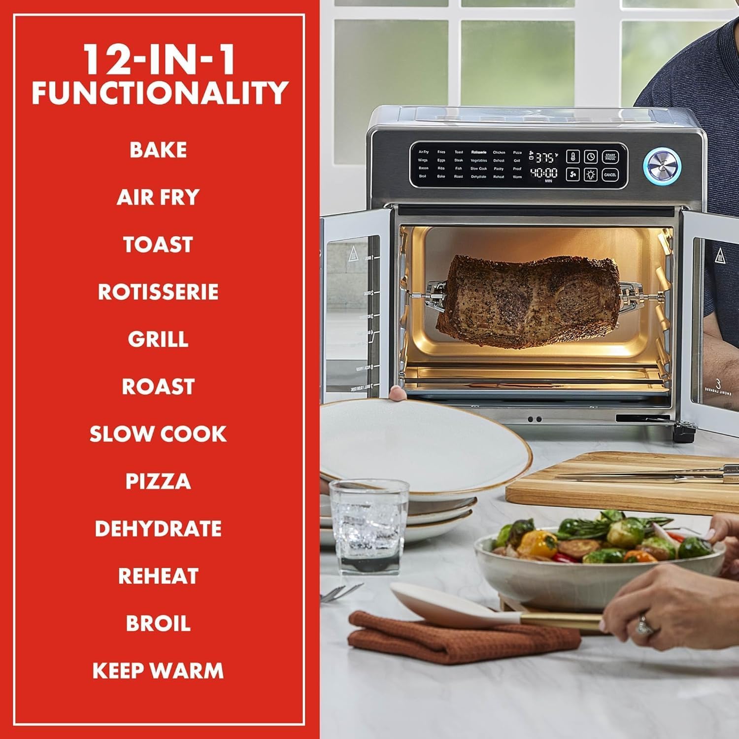 Emeril Lagasse Friteuse à air comprimé extra large, 24 fonctions de cuisson et commandes numériques, 7 accessoires inclus, finition en acier inoxydable, capacité de 26 l