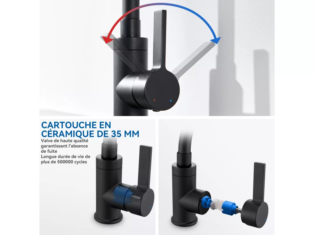 AURALUM MAX Mitigeur Cuisine Flexible Bec Haut Orientable Librement Mitigeur Évier Flexible Pivotant 360° Robinet Evier Eau Chaude/Froide,Noir