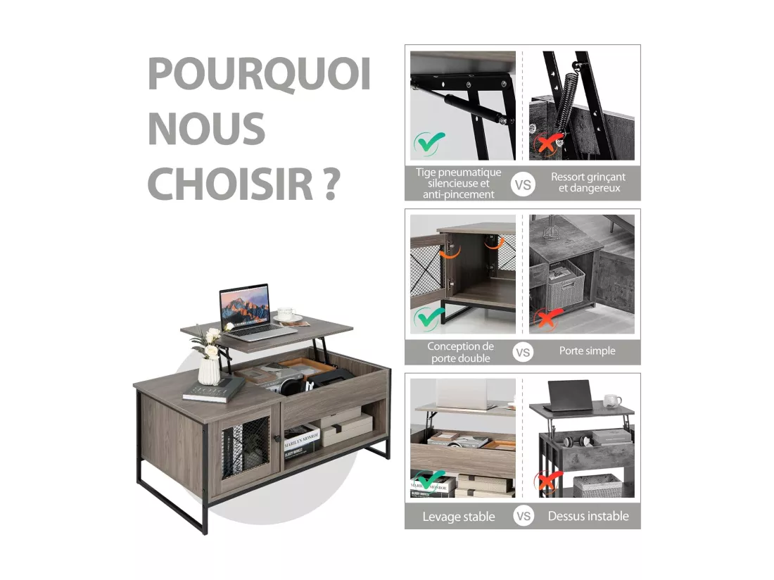 Table Basse Relevable avec 1 Compartiment Ouvert et Placard à 2 Portes, Table Basse Transformable avec Cadre en Métal pour Salon Bureau Chambre, 104x52,5x44,5CM