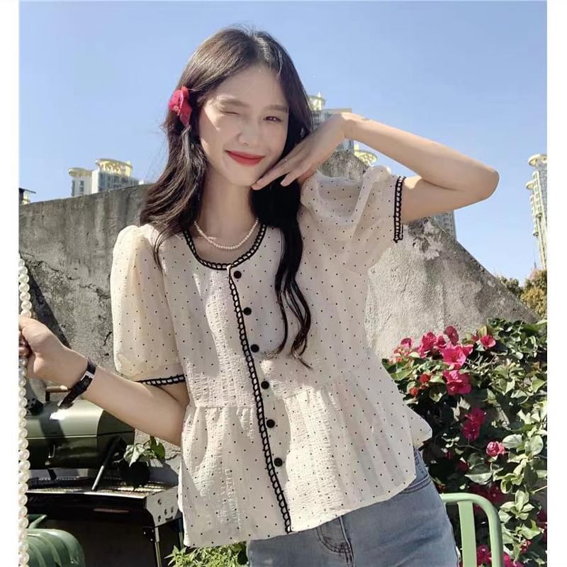 Everose - Blouse met korte mouwen en contrasterende peplumbies