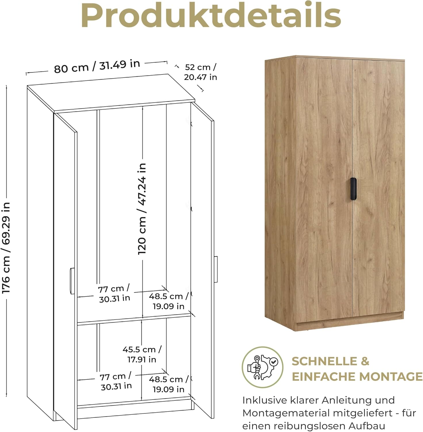 [en.casa] Kleiderschrank Eiselfing Schrank mit 2 Türen Garderobenschrank 176 x 80 x 52 cm Schlafzimmerschrank 1 Kleiderstange 1 Fach Eicheoptik
