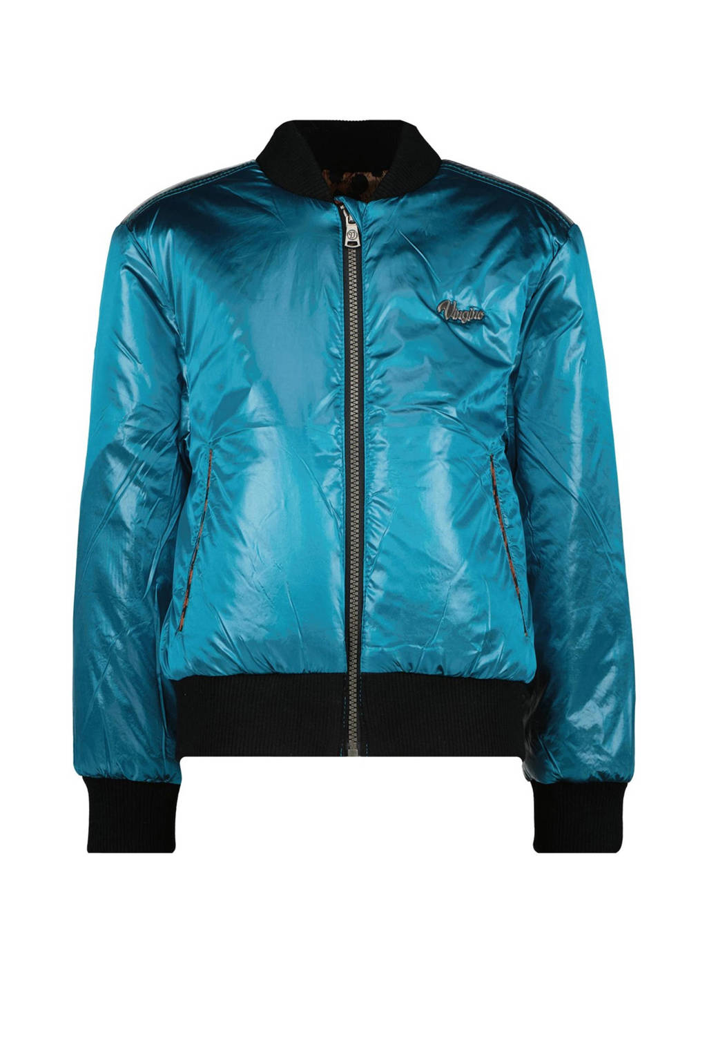 Vingino reversible bomberjack Tarbara met panterprint aqua blauw/bruin