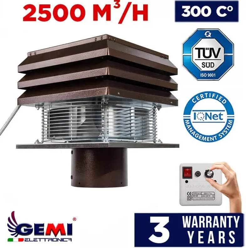 Gemi Elettronica Rauchsauger für Runden Kamin 250 mm mit 6-Stufigem Regler, Absaugung 3800 m³/h, Klasse H Motor
