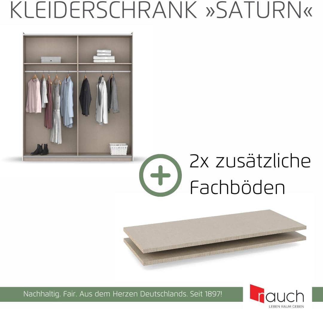 Rauch Möbel Saturn, Schwebetürenschrank mit zusätzlichen Fachböden, Kleiderschrank, Kleiderschränke, Garderobe, Schrank mit Stauraum, 2-türig, Farbe Grau metallic-Weiß, Schwarz, 175x191x59cm